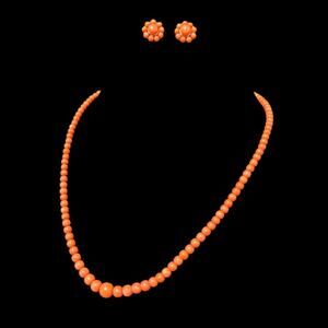 Antique Sterling Silver Natural Orange Red Coral Beaded Necklace & Earrings 925